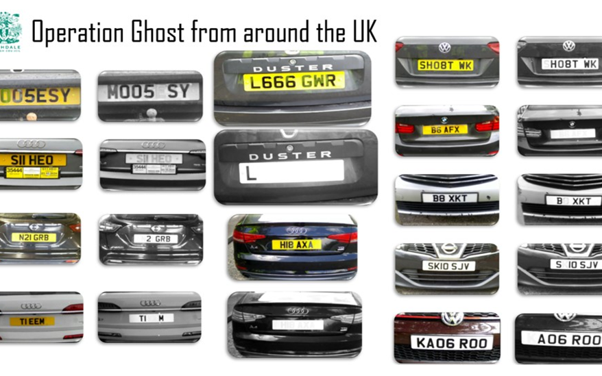 Photographs showing UK ghost number plates appearing differently in normal light and infrared